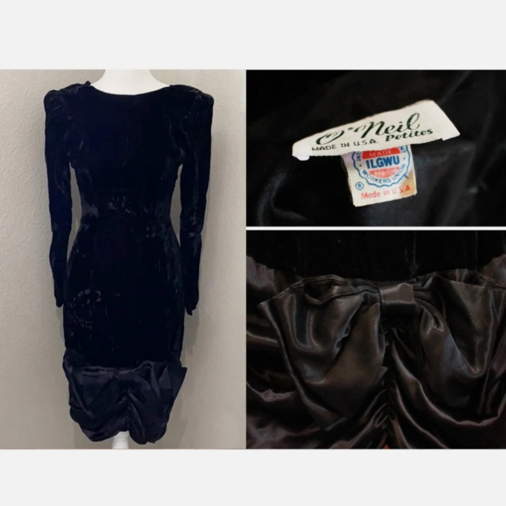 Vintage 1950s Dress, 50s Dress, Black Velvet Dress, Bow Dress, Formal Dress XS